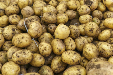 Top view of fresh organic potatoes in the market