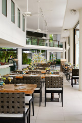 Beautiful elegant interior design, beach restourant with christmas decoration