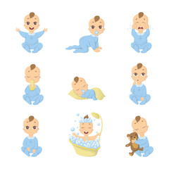 Baby emoji set. Funny cute cartoon character on white background. Boy in blue.