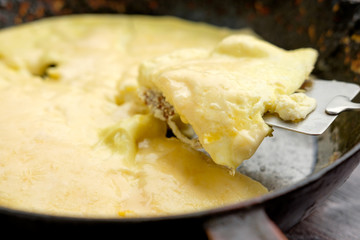 home made omlet on old pan