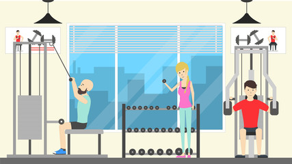 Training in gym. People do fitness and sport.