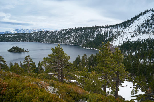 Emerald Bay of Lake Tahoe, USA in spring with mountains covered by snow