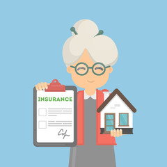Old woman shows house insurance. Real estate safety and saving. Smiling senior holds house.