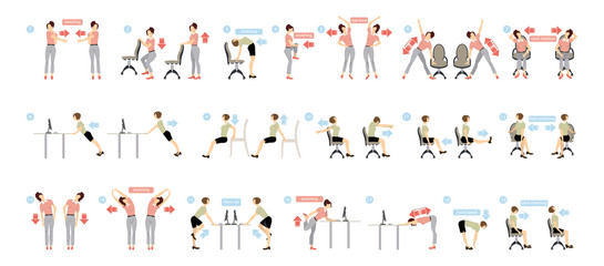 Fototapeta na wymiar Sport exercises for office. Office yoga for tired employees with chair and table.