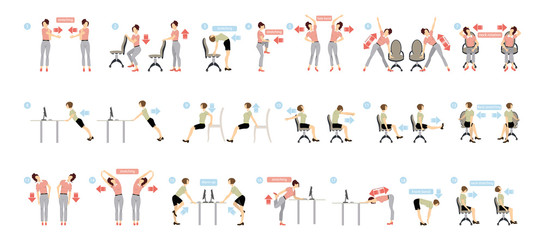 Sport exercises for office. Office yoga for tired employees with chair and table.