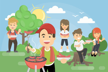 BBQ picnic in park. Family or friends having picnic together.