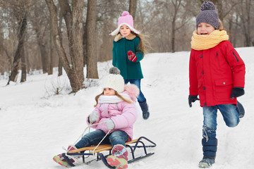 Happy children having fun and sledding on snow