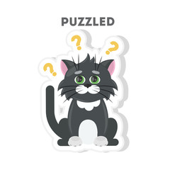 Puzzled cat sticker. Isolated cartoon sticker. Funny cat with question marks.