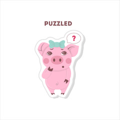 Puzzled pig sticker. Isolated cartoon sticker. Funny pig with question marks.