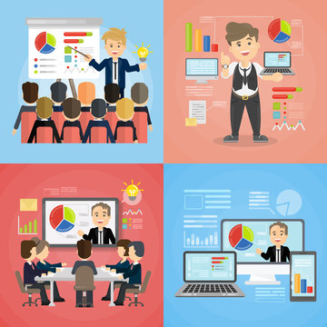 Set of business presentations. Cartoon businessmen with audience and chart boards.