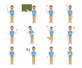 Male teacher emoji set on white background with funny emotions and expresiions.