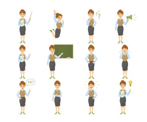 Female teacher emoji set on white background with funny emotions and expresiions.