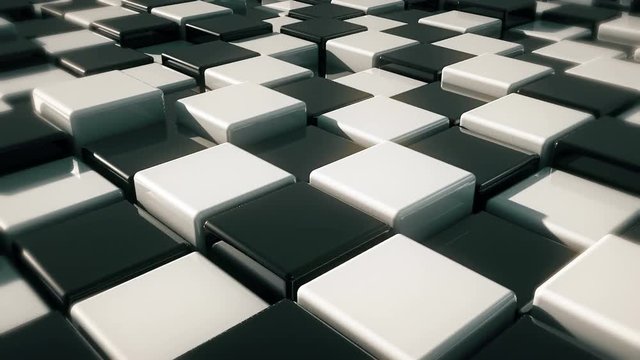 Realistic Movement of cubes. Futuristic background with black and white cubes. Cubes with reflection. Seamless loop