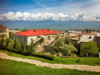 Fototapeta na wymiar Houses in the background of the Georgian mountains