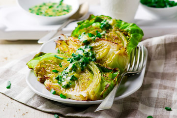 Baked cabbage with onion mustard sauce