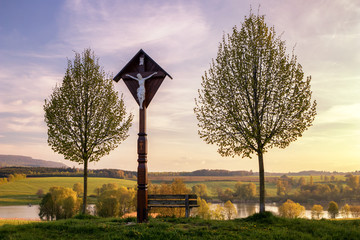 The reservoir lake at Rainau Buch, near Ellwangen (Jagst) in Baden-Wurttemberg, Germany at evening sunset.