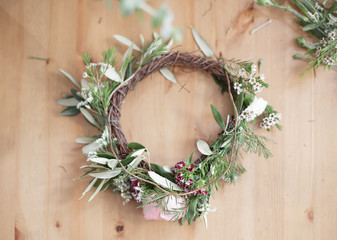 isolated flower crown on wood plate selected focus