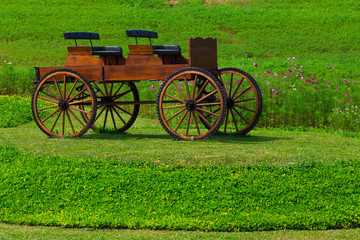 Fototapeta na wymiar Wooden wagon in flower garden for decoration.