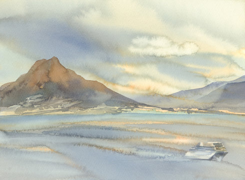 Vesuvius Volcano Landscape Watercolor Background