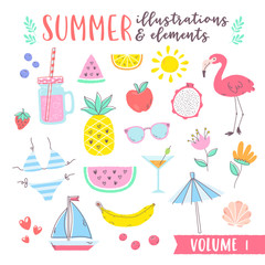 Summer design illustrations with fruits, tropical and beach elements.