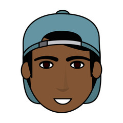color image cartoon front face guy brunette with hat vector illustration