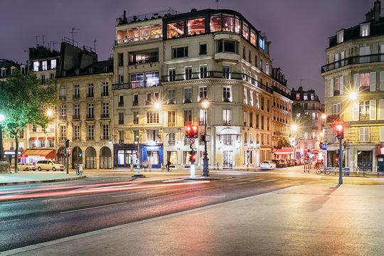 Historical street in the 5th arrondissement of Paris at night, France.