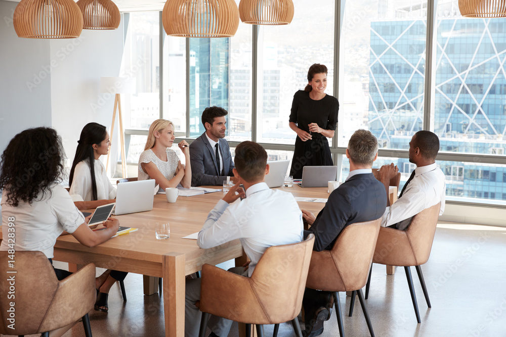 Poster businesswoman stands to address meeting around board table