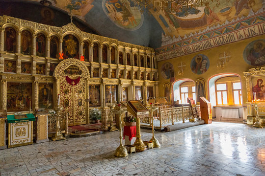 SERGIEV POSAD, RUSSIA - APRIL 26, 2017: Interior of the ensemble of orthodox buildings of the Holy Trinity Saint-Sergius Lavra
