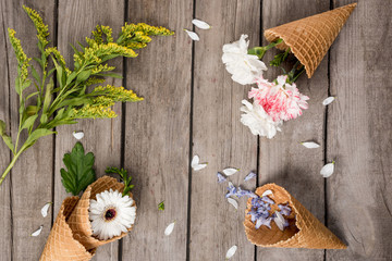 Top view of beautiful flowers in waffle cones and petals on wooden background