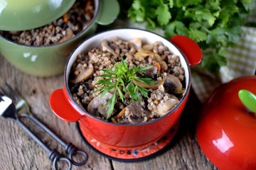 Buckwheat with chicken and mushrooms in a pot.