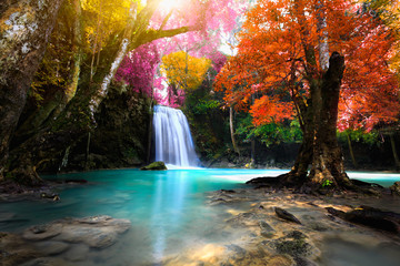 Deep forest Waterfall in autumn
