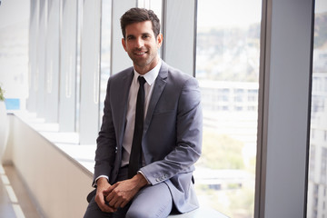 Portrait Of Young Businessman Sitting By Window In Office