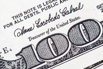 Macro close up of the part of US 100 dollar bill.
