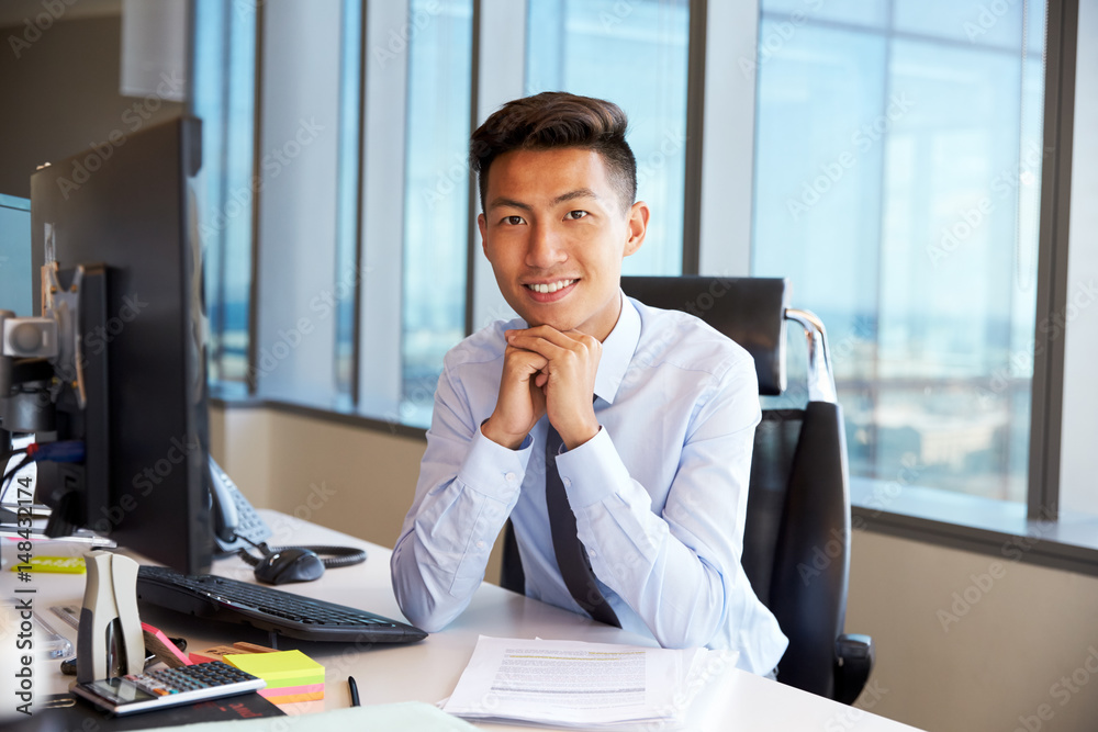 Wall mural Portrait Of Young Businessman At Office Desk Using Computer