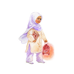 Hand drawn arabian little girl with lantern. Watercolor ramadan kareem illustration  isolated on white background