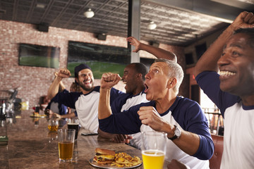 Male Friends In Sports Bar Watch Game And Celebrate