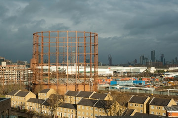 UK, London, The Oval Gasholder in the city view