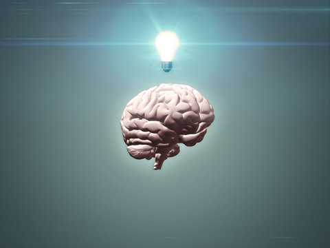 Brain with light bulb - 3d render in muted colours with copy space