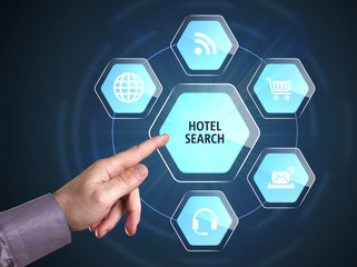 Business, Technology, Internet and network concept. Young businessman shows the word: Hotel search