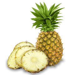 Fresh Yellow Organic whole Pineapple and cut into slices, Isolated against a bright white background.