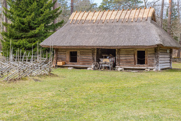 Fototapeta na wymiar Old log barn with a thatched roof. Tallinn open-air museum ,Estonia