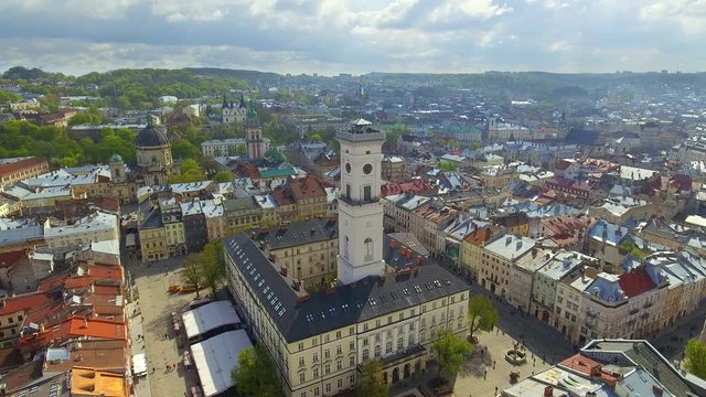 Aerial view of central hall and tower of Lvov, Lviv, Ukraine