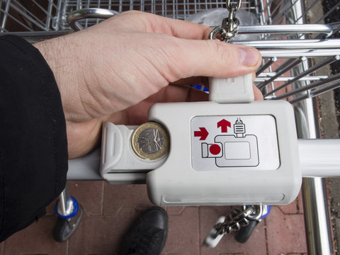 Locking and unlocking the supermarket trolley with one euro coin for grocery shopping,