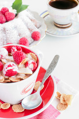 cereal with berries and homemade cake