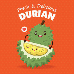 Vintage fruits poster design with vector durian character.