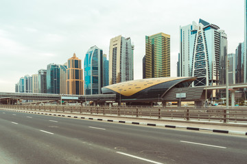 View of Dubai Metro and skyline.