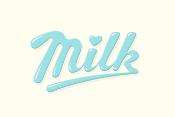 Lettering Milk, hand written design for label, brand, badge. Graphic design logo for farm dairy shop, branding and advertising. Blue logo Milk with heart on beige background. Vector Illustration