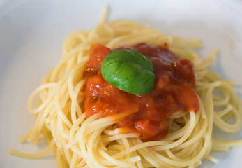 Italienisches Gericht - Spaghetti mit Tomatensauce un Basilikum