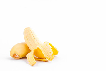 half peeled Lady Finger banana or golden banana   on white background healthy Pisang Mas Banana fruit food isolated
