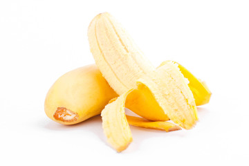  peeled egg banana and  ripe Golden bananas  on white background healthy Pisang Mas Banana fruit food isolated
